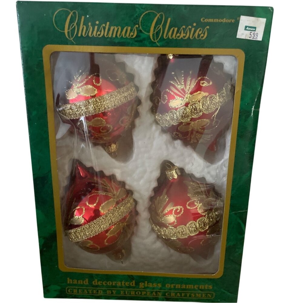 Vtg Commodore Christmas Classics Glass Ornaments Red Gold Matte Shiny Romania